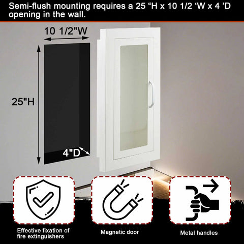 No Sweat Flush Install Heavy Duty Recessed Fire Extinguisher Cabinet Solid Steel Wall Box dimensions 25H x 10.5W x 4D with clear view window.