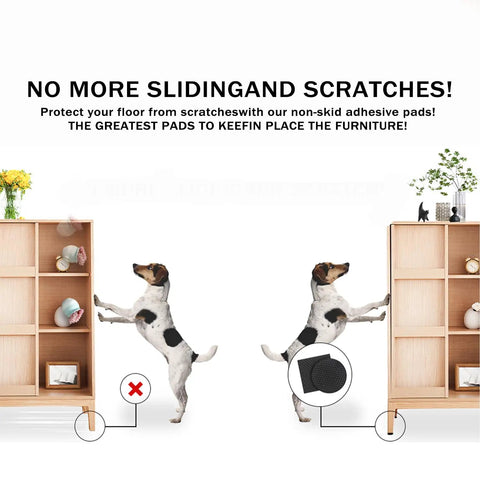 Killer Grip Non Slip Furniture Pads For Hardwood Floors 56 Piece Anti Scratch Floor Protectors under furniture as dog climbs on shelf.