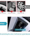 Before and after comparison showing corrosion on old valve caps and new heavy duty aluminum tire valve stem caps for Audi models.