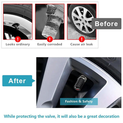 Before and after comparison showing corrosion on old valve caps and new heavy duty aluminum tire valve stem caps for Audi models.