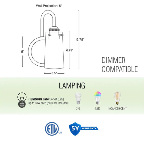 Dimensions and lamping details for Kira Home Rayne 10" Modern Farmhouse Wall Sconce for Bathroom Vanity, Pack of 2.