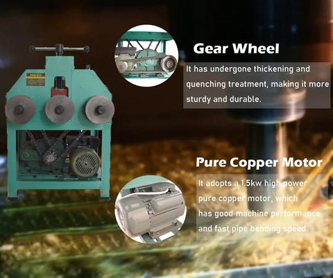 No Sweat One Hundred Ten Volt Electric Tube Bender handles round and square pipe shapes with gear wheel and pure copper motor.