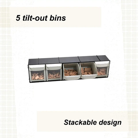 Five tilt-out storage bins in a heavy duty plastic tray, perfect for organizing loose workshop items.