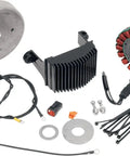 Badass 38 Amp 3 Phase Harley Davidson Alternator Charging Kit Featuring Rock Solid Stator Rectifier Regulator And Stock Rotor parts on white background.