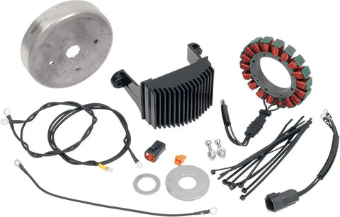 Badass 38 Amp 3 Phase Harley Davidson Alternator Charging Kit Featuring Rock Solid Stator Rectifier Regulator And Stock Rotor parts on white background.