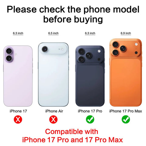 Compatibility chart showing iPhone 17 Pro and 17 Pro Max for 2 Pack Rear Camera Lens Glass Replacement For iPhone 17 Pro Max And 17 Pro With Pre Installed Adhesive, DIY Repair Tool Kit, And Step By Step Installation Manual For Easy No Fuss Lens Restoration.