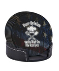 Leather Coasters Set Six Pieces With Holder, black design with text 'Your Opinion was Not in My Recipe', shown in holder