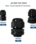 20 Piece Waterproof Cable Glands Set With NPT Threads In One Quarter, One Half, And Three Quarter Inch Sizes, includes multiple pieces
