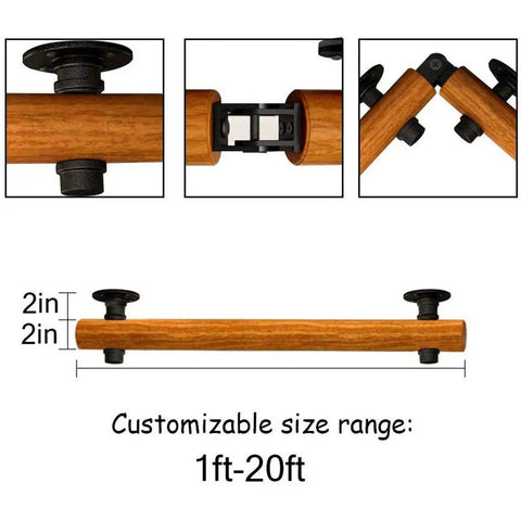 Top Shelf Solid Wood Stair Banister Handrail With Anti Slip Pine Railing, customizable size, showing fittings and 2-inch dimensions.