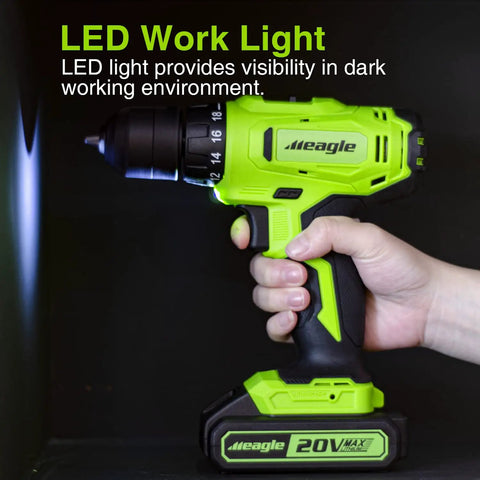 Cordless 20V Drill Kit With Battery And Charger Two Speed Gear Eighteen Plus One Torque Settings Three Eighths Inch Chuck LED light