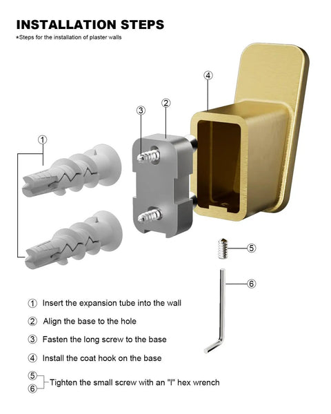 Installation guide for Four Pack Brushed Gold Towel Hooks For Bathroom And Mudroom Heavy Duty Wall Hangers with screws and wrench