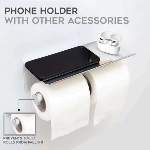 Two In One Bathroom Organizer Lifesaver Dual Toilet Paper Holder With Built In Shelf And 3M Adhesive Tape holding phone and earbuds