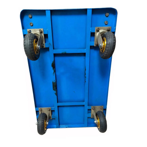 Set Of Four 8 Inch Heavy Duty Solid Rubber Swivel Casters With Brake Puncture Proof Silent Glide Industrial Fixed Plate Built Different For Smooth Rolling And Serious Hauling Power on blue cart base