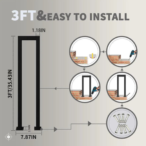 3FT Rock Solid Matte Black U Shaped Handrails for Indoor and Outdoor Stairs, easy to install with bolt-in steps.