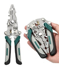 10-In-1 Wire Strippers And Automatic Self-Adjusting Wire Stripper Tool With Cutting Crimping Gripping And Twisting Functions For 8 To 16 AWG Electrical Wiring Pro Grade Heavy Duty Multi Tool Pliers For DIYers And Pros, shown open and folded in hand