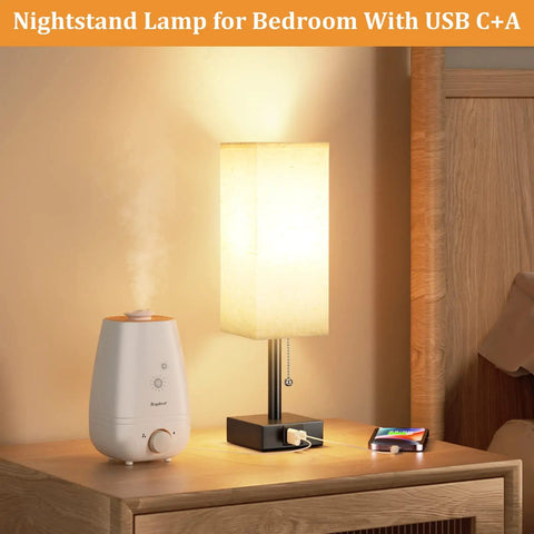 Cozy Bedside Table Lamp With 3 Color Temperatures 3000K 4000K 5000K, USB C And USB A Ports, Pull Chain Nightstand Light