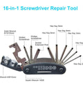 16 in 1 screwdriver repair tool with wrenches, screwdrivers, and hex keys