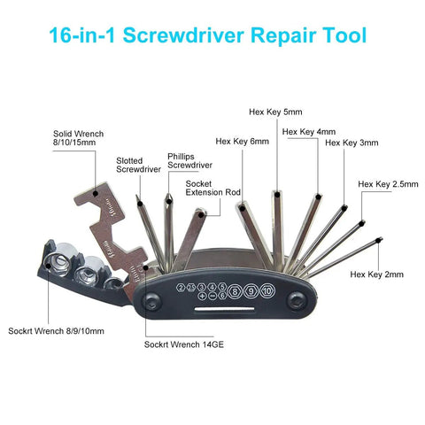 16 in 1 screwdriver repair tool with wrenches, screwdrivers, and hex keys