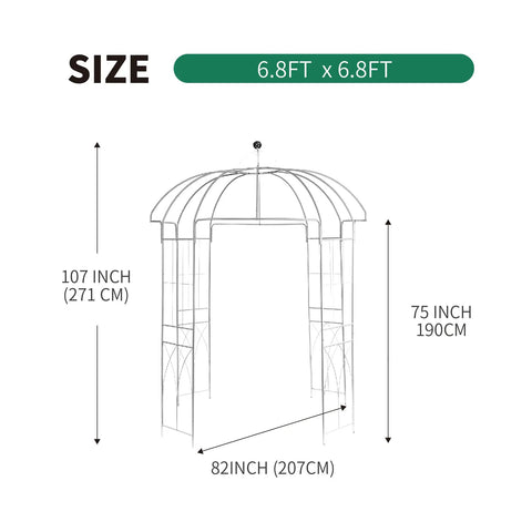 Diagram of Birdcage Garden Arch Arbor 9 Ft High By 6.8 Ft Wide White Metal Gazebo dimensions and design layout.