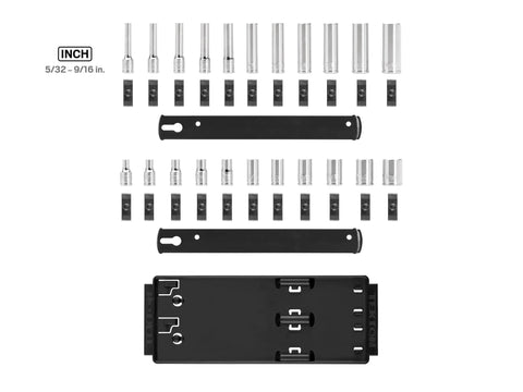 Do It All 1/4 Inch Drive 12 Point Socket Set With Rails And Tray, 22 Piece Kit, shallow and deep sockets displayed with rails and tray