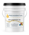 Metalworking 200 cutting fluid bucket, white plastic with black lid, 5 gal, Presidential Engineered Lubricants label