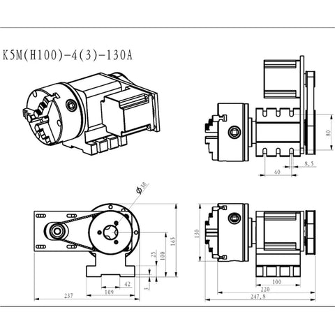 Heavy Duty 4th Axis Rotary Table With Nema34 86 Stepper Motor And Four Jaw Chuck detailed technical drawing with dimensions.