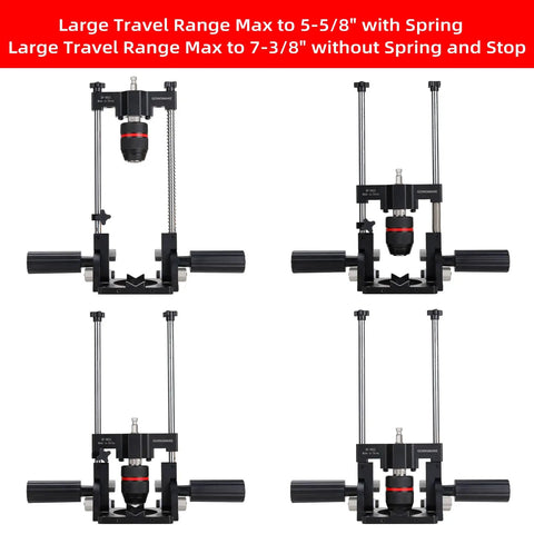 Portable Drill Guide With Angle Stops From -60 To 60 Degrees, Adjustable Drill Press Jig, various views showing 1/2 inch self locking chuck.