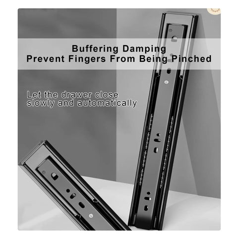 Heavy Duty Soft Close Ball Bearing Drawer Slides Full Extension Side Mount 35 Cm 13.8 Inch Pair black close-up showing damping feature.