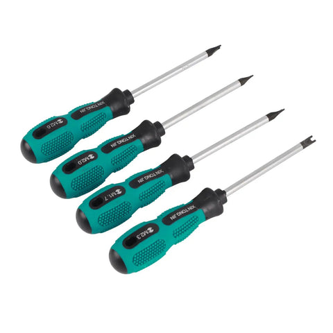 Real Deal Knockout Gear 4 Piece U Fork Spanner Screwdriver Kit With Magnetic CRV Steel Bits In M1.7 M2.0 M2.3 M2.6 Sizes For No Sweat PCB Fixes And Fast Door Maintenance Tasks Daily, includes four screwdrivers with textured grips.