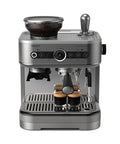 Top Shelf Semi Automatic Espresso Machine With Integrated Grinder And Dual Wall Baskets For Fresh Single Double Shots Plus Americano Brewing In Sleek Metal Silver With Calibrated Tamping Tool with built-in grinder and espresso shots.