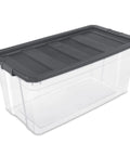200 Quart Clear Plastic Modular Stacker Storage Bin Tote with Latching Lid, Clear Base, Textured Sure Grip Surface in Flat Grey