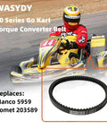 Go Kart Drive Belt For 30 Series Torque Converter Replaces Manco 5959 Comet 203589 shown with racing go kart background.