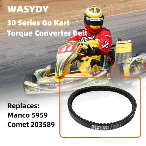 Go Kart Drive Belt For 30 Series Torque Converter Replaces Manco 5959 Comet 203589 shown with racing go kart background.