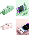 No Sweat Battery Charging Case For Rechargeable Cells Solderless DIY Power Bank Housing in green and pink, ultra-compact portable design.