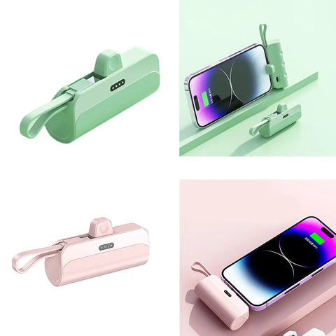 No Sweat Battery Charging Case For Rechargeable Cells Solderless DIY Power Bank Housing in green and pink, ultra-compact portable design.