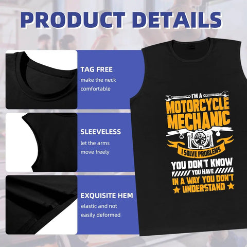 Fresh Men's Lightweight Cotton Tank Top, Sleeveless Muscle Shirt, detailed view with tag-free neck and motorcycle mechanic graphic.