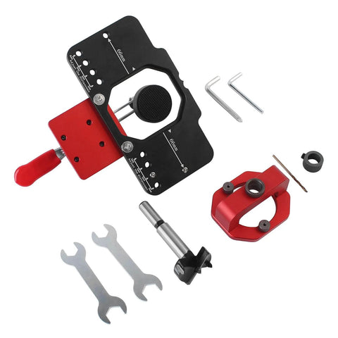 35mm Metal Concealed Hinge Jig with Quick Clamp and Dust Vacuum Adapter for woodworking and cabinet installation.