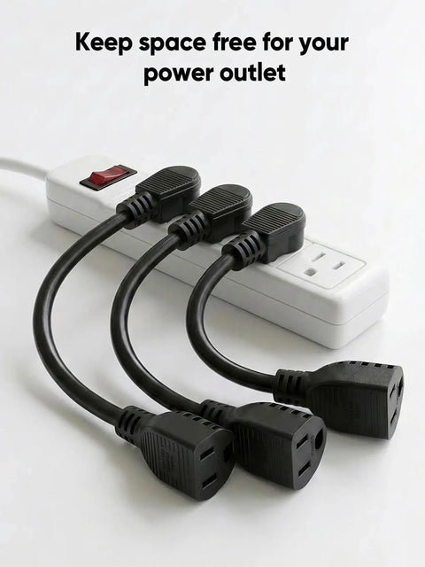 2 Pack 1 Foot Power Extension Cord 16 AWG Right Angle Low Profile AC Adapter Extension Wire connecting to a power strip.