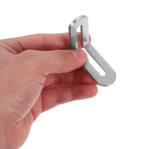 Hand holding stainless steel L-shaped bracket for furniture frames and wood shelves with slotted design for easy install and stability