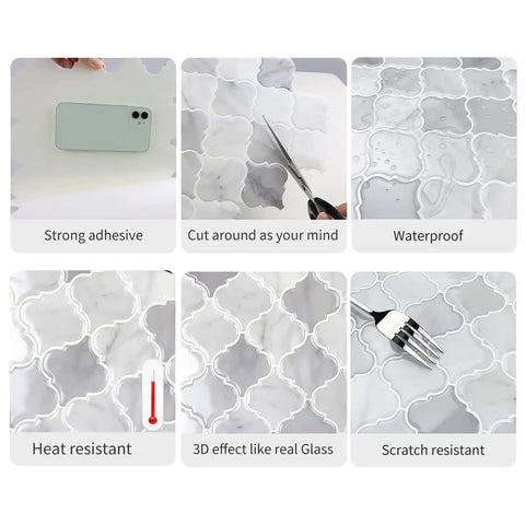 Arabesque Peel And Stick Tiles For Kitchen Backsplash In Marble Gray, 12 By 12 Inch, 10 Sheets, showing adhesive, cutting, waterproof, heat resistant, 3D effect, and scratch resistant features