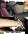Before and after installation of 2.5 Inch Universal Exhaust Clamp With Hanger For Cars And Rigs, showing rusted vs. secured pipe.