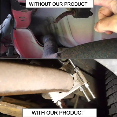 Before and after installation of 2.5 Inch Universal Exhaust Clamp With Hanger For Cars And Rigs, showing rusted vs. secured pipe.