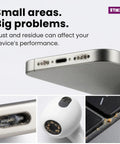 Images of dust and debris in iPhone and AirPods ports, highlighting the need for Electronics Cleaning Putty Kit With Precision Tools For Earbuds And Phones Dust And Wax Remover Charging Port Cleaner Compatible With IPhone And AirPods Pro Grade Device Maintenance And Repair Set.