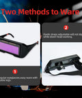 Auto Darkening Welding Glasses With 2 Sensors For TIG MIG MMA Plasma Lightweight 60 Grams shown with adjustable straps and legs.