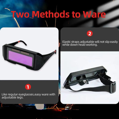 Auto Darkening Welding Glasses With 2 Sensors For TIG MIG MMA Plasma Lightweight 60 Grams shown with adjustable straps and legs.