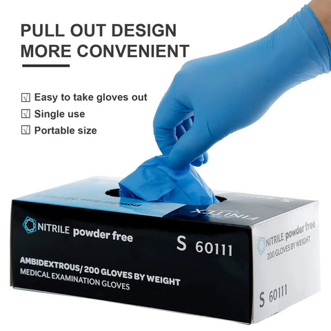 Blue Nitrile Disposable Exam Gloves Thick 3.5 Mil Powder Free Latex Free Medical Office Home Cleaning Food Handling X Large 200 Count Box Built Tough Tear Resistant Grip box with hand pulling glove