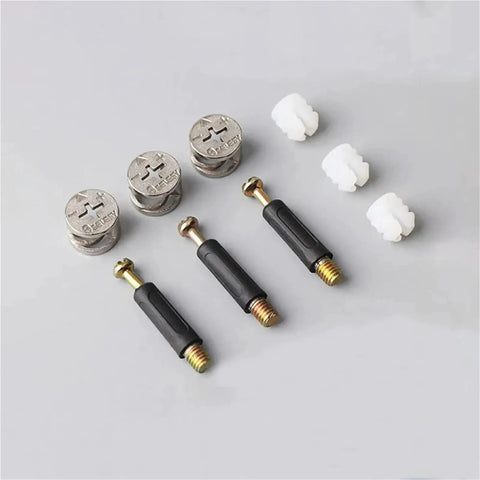 Heavy Duty Cam Lock Fittings 50 Piece Set With 3 In 1 Furniture Connectors Cam Screws And Eccentric Wheel Nuts For Top Shelf Cabinet Assembly showing cam screws and nuts.