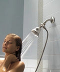 Woman under shower with Big 4 Inch Shower Arm Flange Chrome Heavy Duty Stainless Steel Escutcheon Cover Plate installed