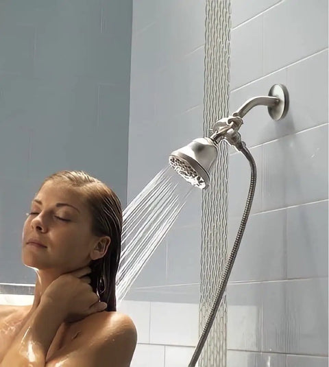 Woman enjoying a shower with Extra Large 3.5 Inch Shower Escutcheon Plate In Oil Rubbed Bronze Universal Round Shower Arm Flange Cover.