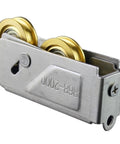 Double Wheel Sliding Door Pulleys With Stainless Steel And Copper Build For Rock Solid Barn Door and Cabinet Replacement Fittings. Close-up view showing dual gold pulleys.